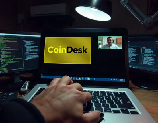Laptop screen showing a fake crypto conference call with a hacker impersonating a CoinDesk executive