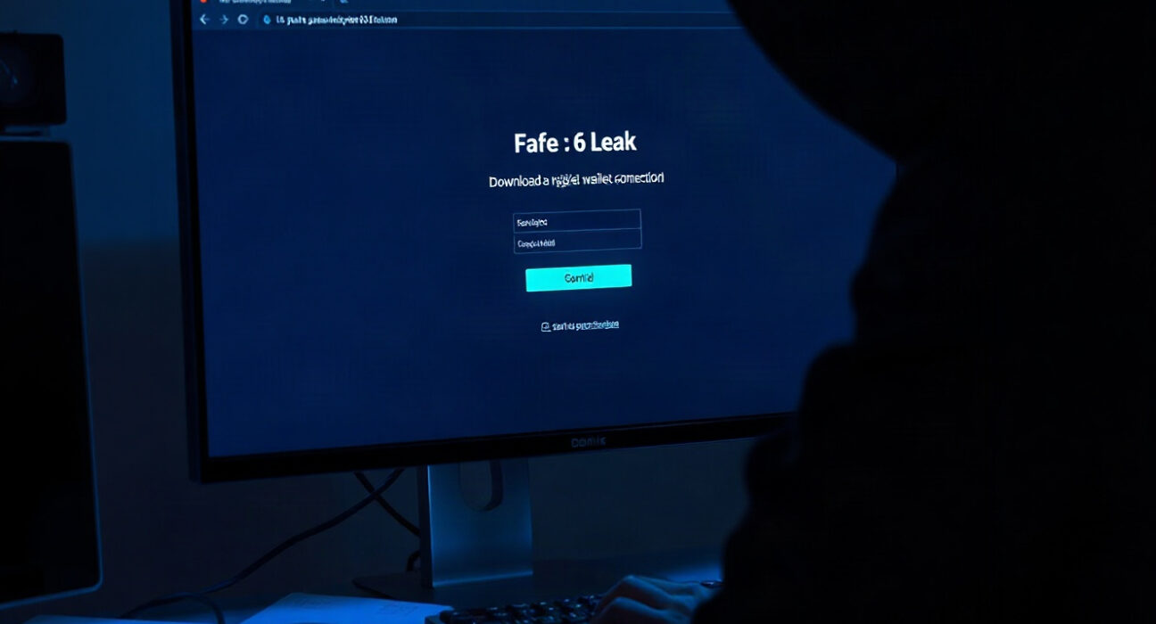 Cybercriminal's hands on keyboard with fake GTA 6 leak site and wallet connection prompt on screen