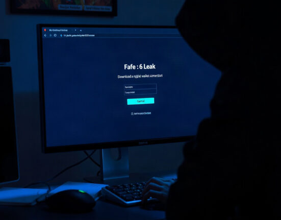 Cybercriminal's hands on keyboard with fake GTA 6 leak site and wallet connection prompt on screen