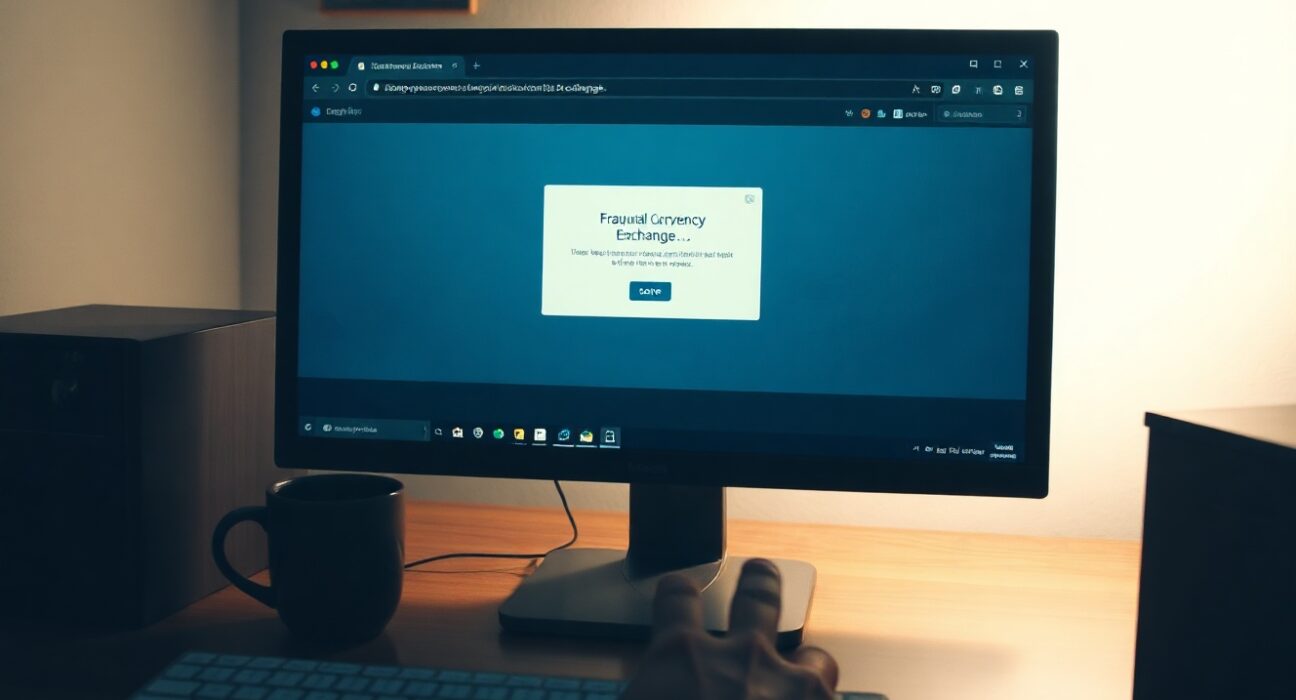 Person encountering a fraudulent cryptocurrency exchange website with a warning alert on screen