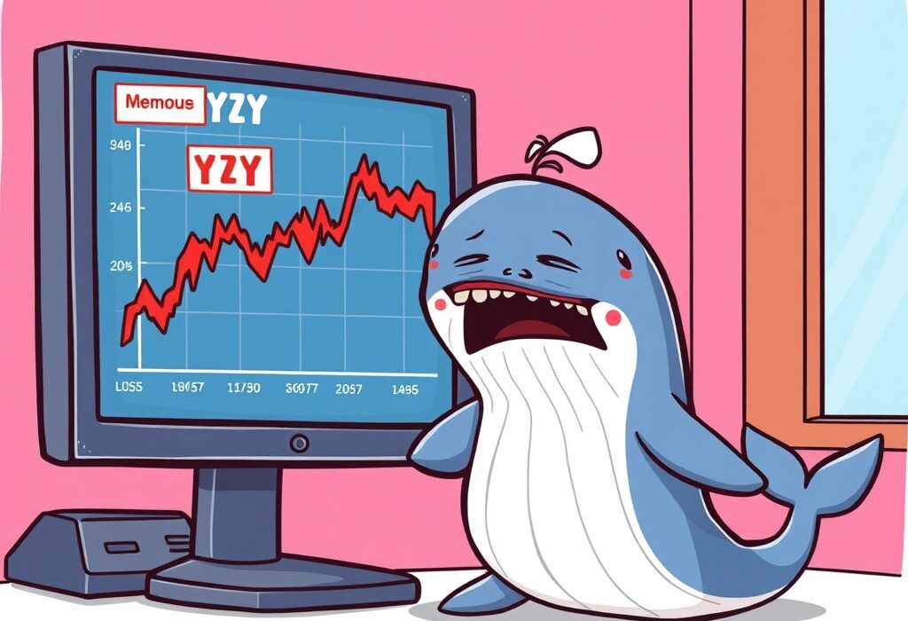 A cartoon whale experiences the highs and lows of crypto trading, illustrating the risk of a fake YZY memecoin and subsequent recovery.
