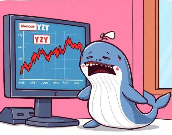 A cartoon whale experiences the highs and lows of crypto trading, illustrating the risk of a fake YZY memecoin and subsequent recovery.