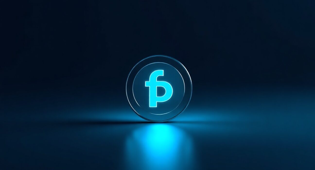Digital representation of fUSD stablecoin with metallic finish on dark background