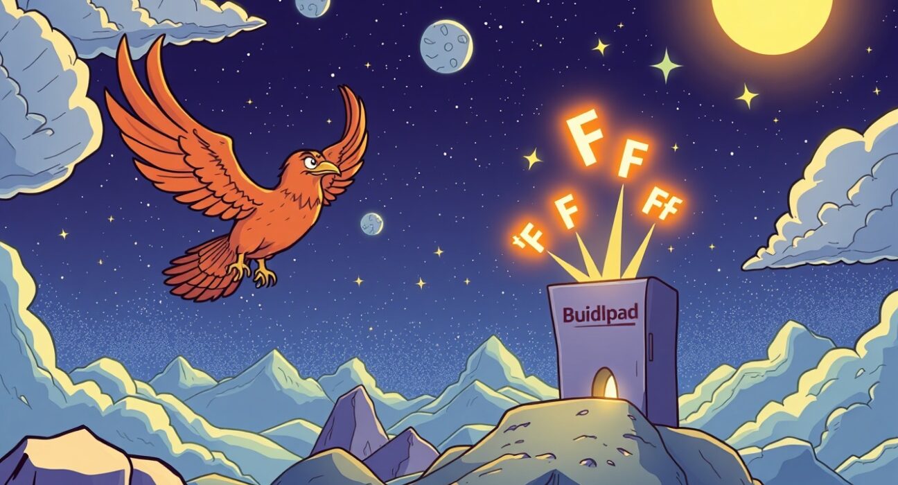 A cartoon falcon flying towards a launchpad, symbolizing the Falcon Finance presale for FF tokens on Buidlpad.