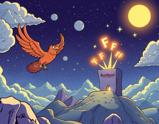 A cartoon falcon flying towards a launchpad, symbolizing the Falcon Finance presale for FF tokens on Buidlpad.