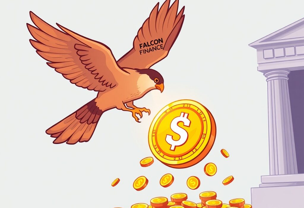 Cartoon illustration showing Falcon Finance's significant investment, symbolizing its role in the on-chain dollar standard.