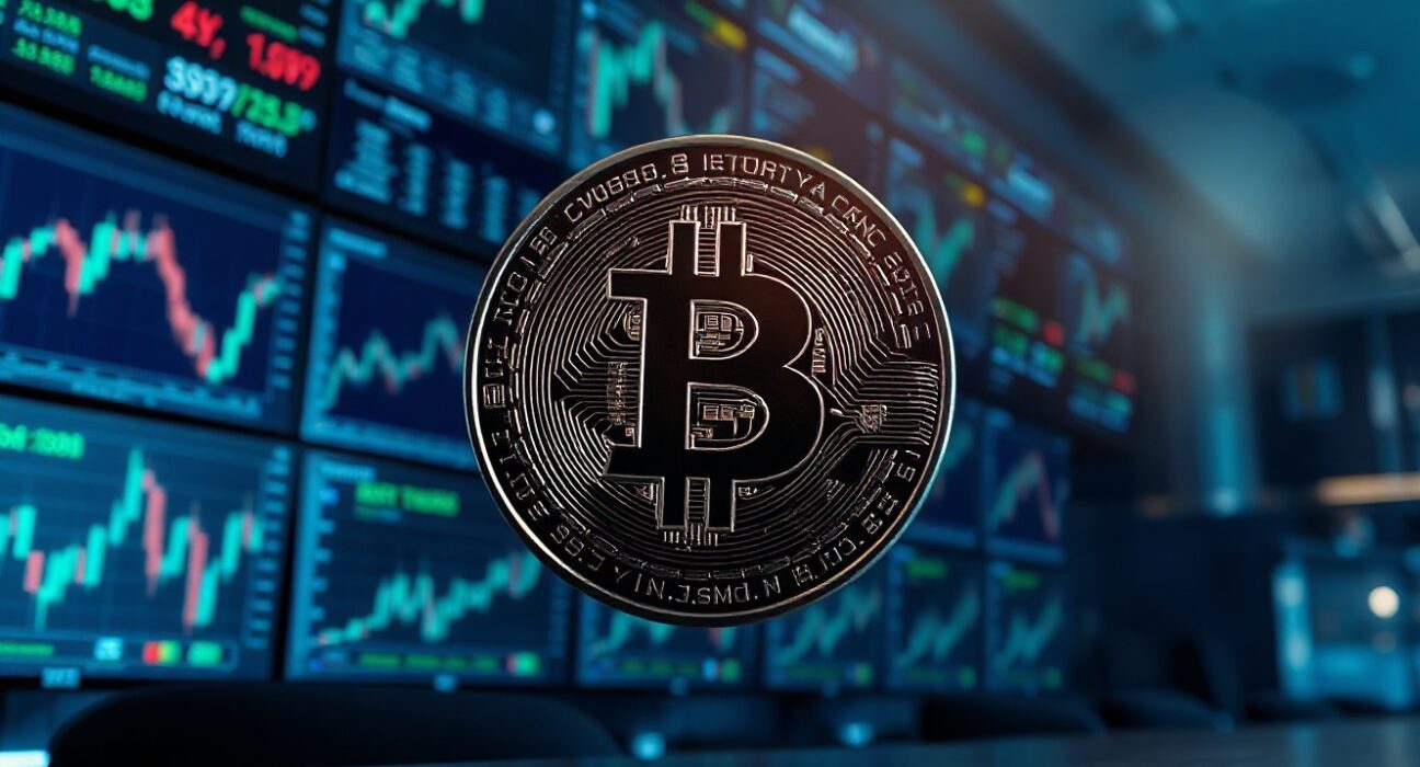 Bitcoin coin in foreground with blurred trading screens in background, representing institutional crypto exchange activity.