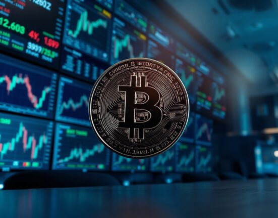 Bitcoin coin in foreground with blurred trading screens in background, representing institutional crypto exchange activity.