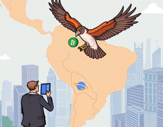 A cartoon falcon symbolizes FalconX Brazil's expansion into Latin America, highlighting growing institutional crypto demand.