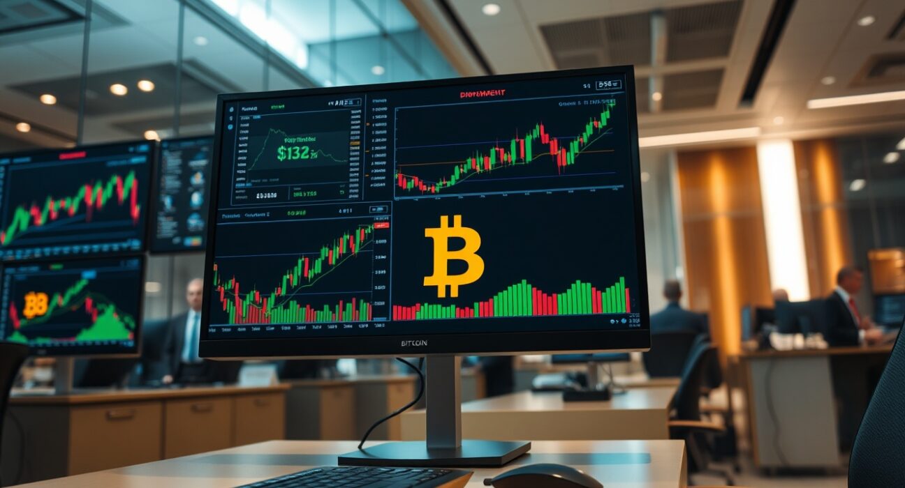 Bitcoin price charts on monitors in a trading floor environment, representing institutional crypto activity