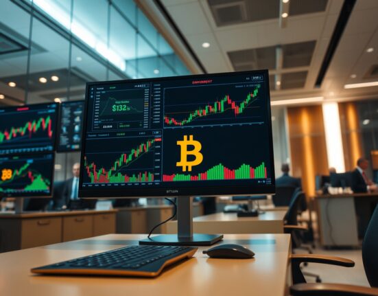 Bitcoin price charts on monitors in a trading floor environment, representing institutional crypto activity