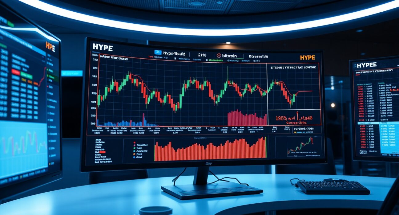 Trading desk monitors showing Hyperliquid HYPE token chart alongside Bitcoin and Ethereum price data