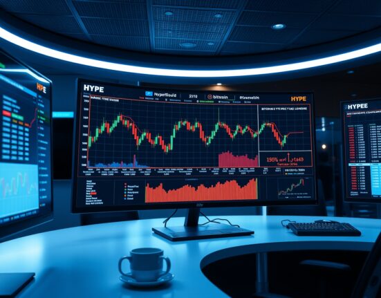 Trading desk monitors showing Hyperliquid HYPE token chart alongside Bitcoin and Ethereum price data