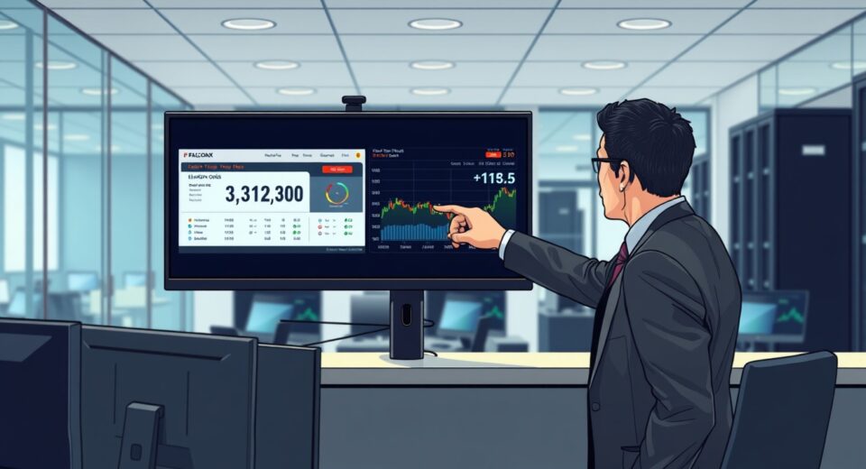 Institutional prediction market services displayed on a trading desk monitor, representing the FalconX Kalshi partnership for event-based markets.