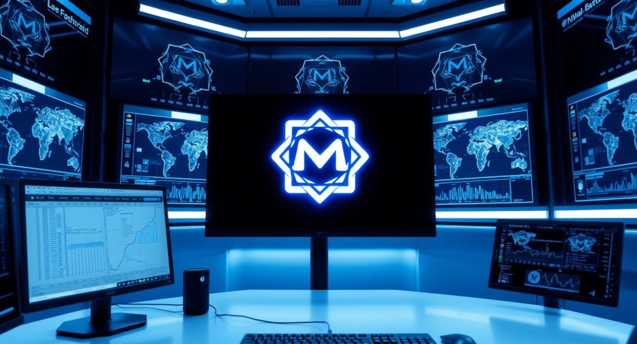 Digital screens in a modern trading room display the Monad network logo and blockchain diagrams, representing FalconX's tokenized credit expansion.