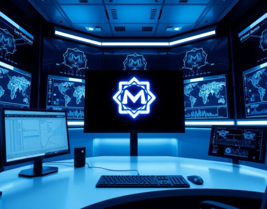 Digital screens in a modern trading room display the Monad network logo and blockchain diagrams, representing FalconX's tokenized credit expansion.