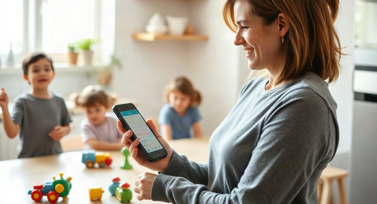 Parent using Fambot app on smartphone while children play in background