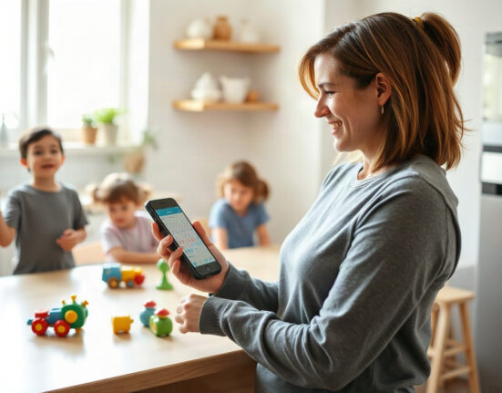 Parent using Fambot app on smartphone while children play in background