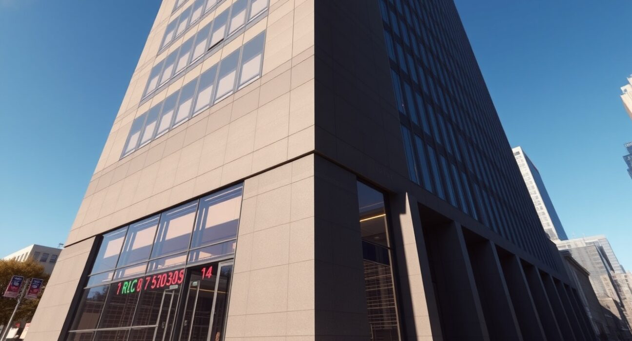 Modern corporate office building in a US city representing Fanatics' headquarters or a financial exchange setting