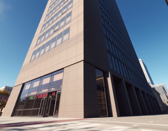 Modern corporate office building in a US city representing Fanatics' headquarters or a financial exchange setting