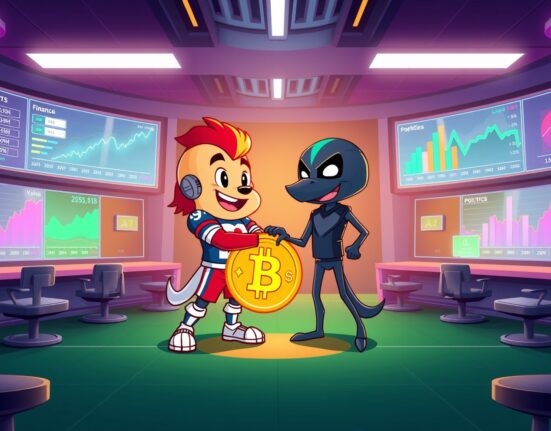 A vibrant cartoon of the new Fanatics and Crypto.com prediction market platform in action.