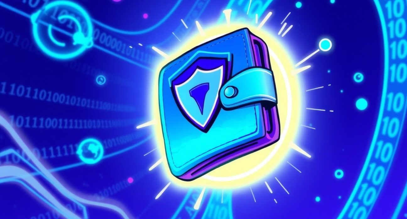 A futuristic Quantum Wallet with a protective shield, symbolizing unbreakable wallet-centric security against digital threats.