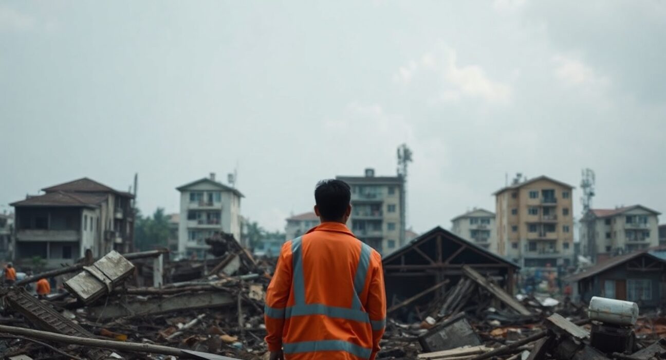 Rescue worker amid earthquake debris in Mindanao, Philippines, representing humanitarian relief efforts