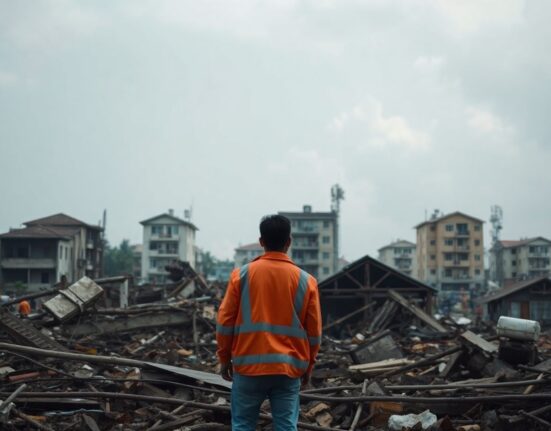 Rescue worker amid earthquake debris in Mindanao, Philippines, representing humanitarian relief efforts