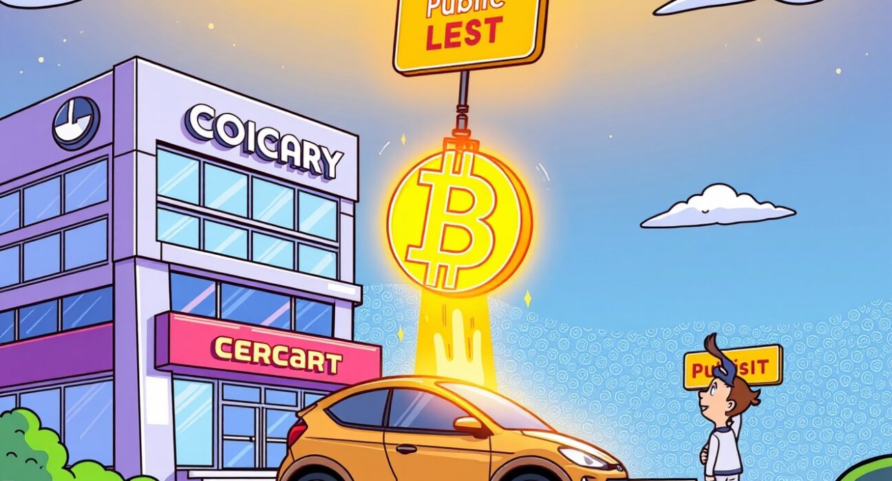 A cartoon illustrating Faraday Future's strategic decision to spin off its crypto arm for a separate public listing.