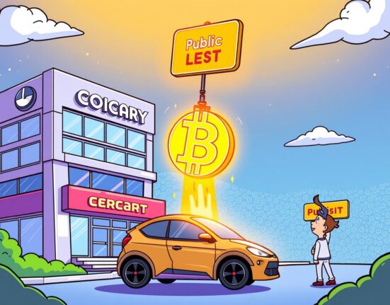 A cartoon illustrating Faraday Future's strategic decision to spin off its crypto arm for a separate public listing.