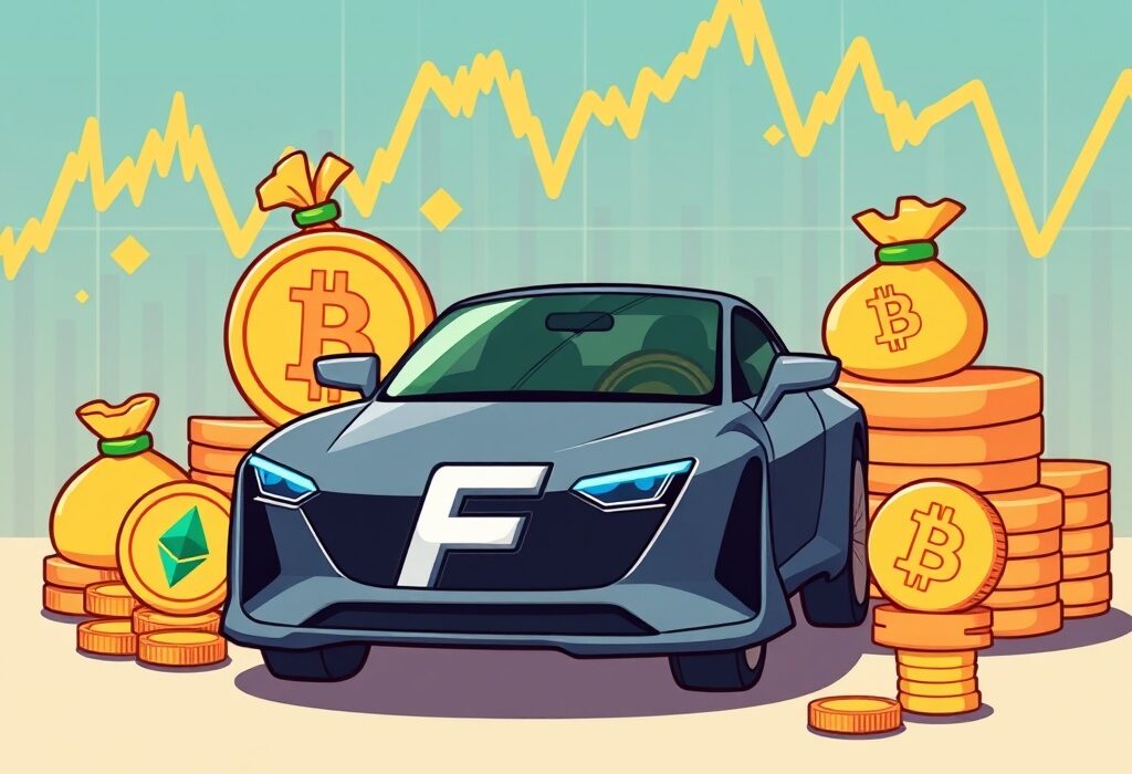 A cartoon illustration showing Faraday Future's strategic cryptocurrency investments, with BNB and other digital assets growing around their brand.