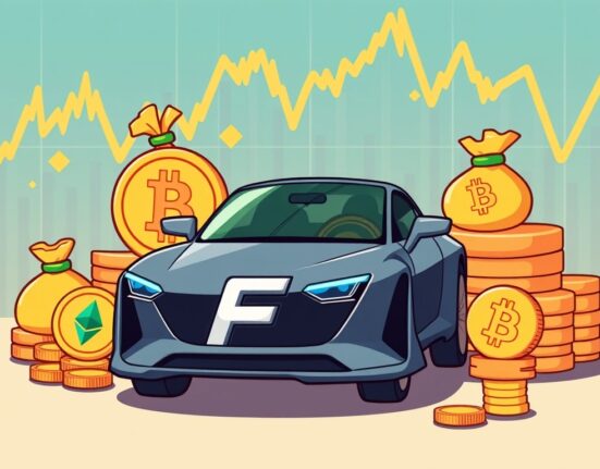 A cartoon illustration showing Faraday Future's strategic cryptocurrency investments, with BNB and other digital assets growing around their brand.
