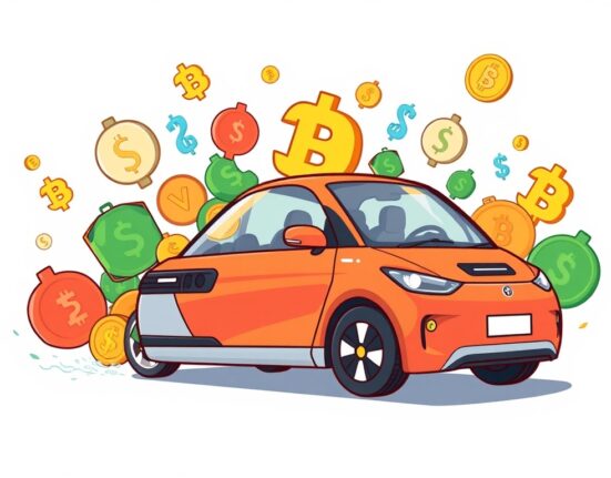 Faraday Future crypto investment plan: An EV car merging with digital currency symbols, symbolizing innovation.