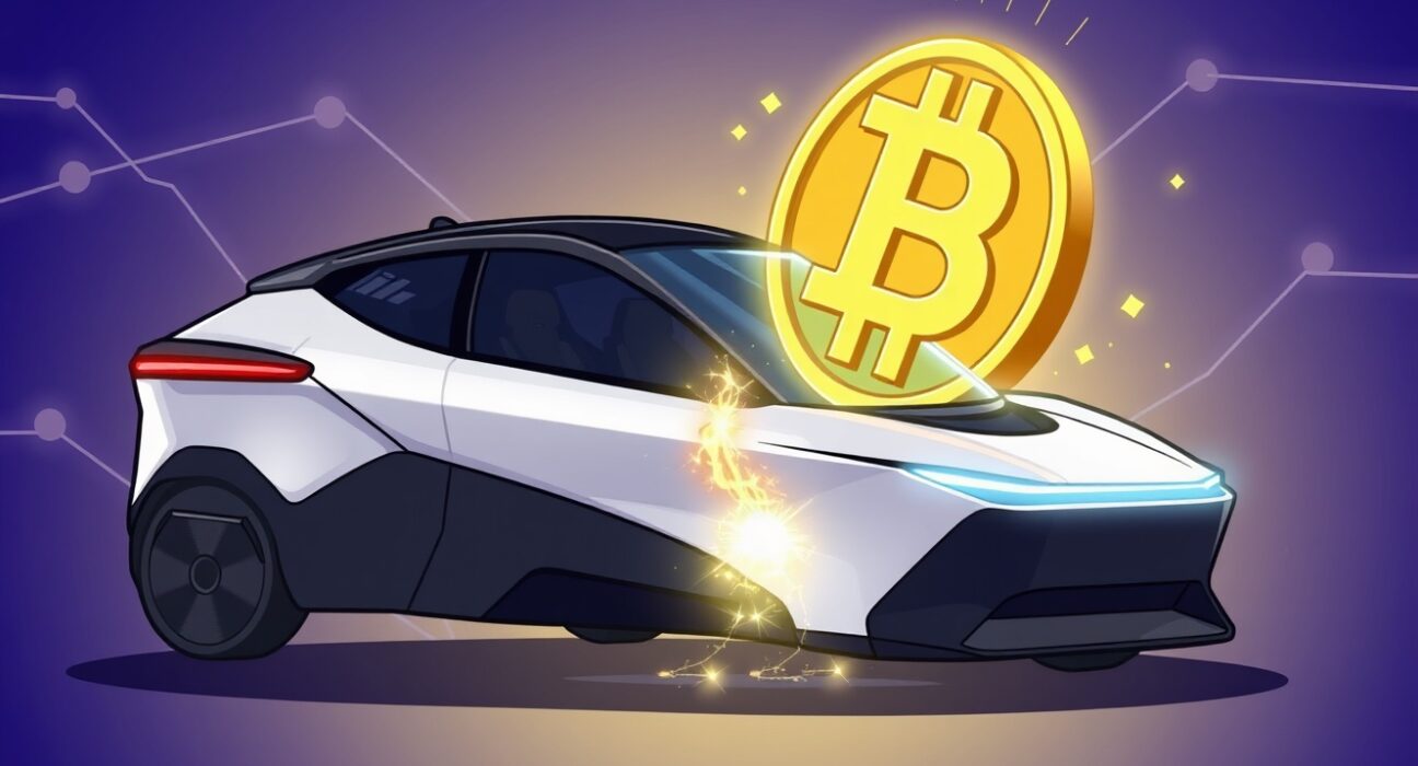 A cartoon illustration showing the innovative convergence of the Faraday Future crypto venture with Web3 technology.