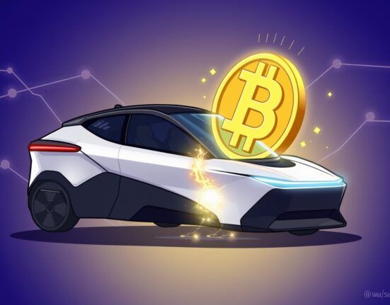 A cartoon illustration showing the innovative convergence of the Faraday Future crypto venture with Web3 technology.