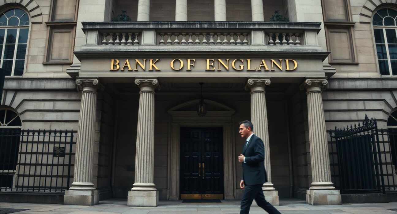 Bank of England headquarters in London on a cloudy day with a lone figure walking in foreground