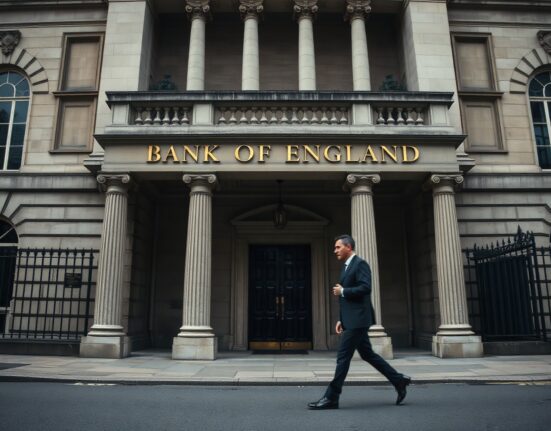 Bank of England headquarters in London on a cloudy day with a lone figure walking in foreground