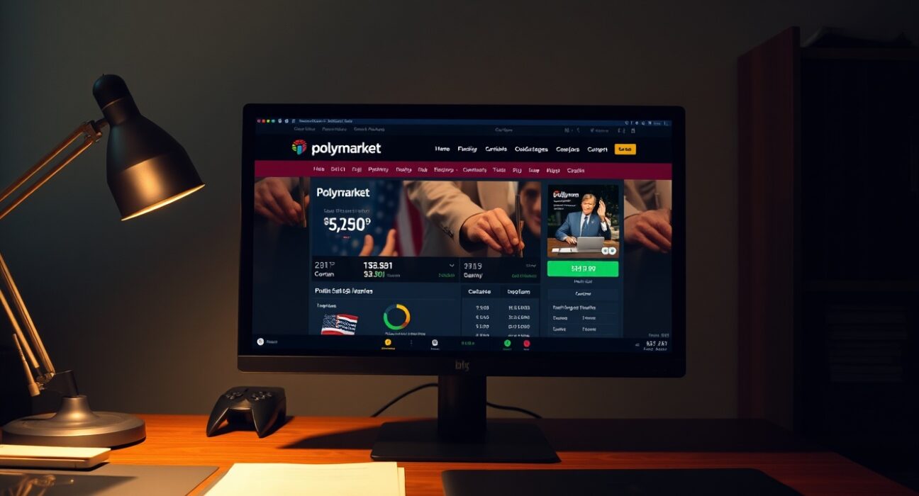 Polymarket betting interface on a computer screen in a dimly lit office with political documents nearby