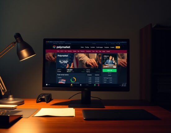 Polymarket betting interface on a computer screen in a dimly lit office with political documents nearby