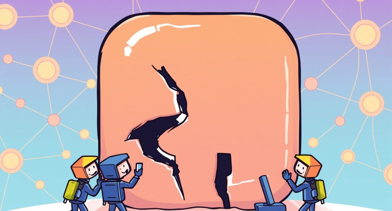 A cartoon illustration showing the Farcaster app down, with engineers working to restore service on the decentralized social platform.