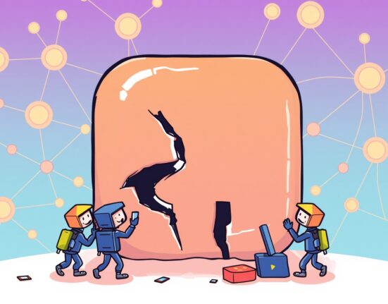 A cartoon illustration showing the Farcaster app down, with engineers working to restore service on the decentralized social platform.