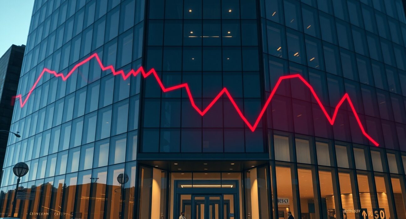 Modern corporate building facade reflecting a downward stock chart at dusk, symbolizing financial instability.