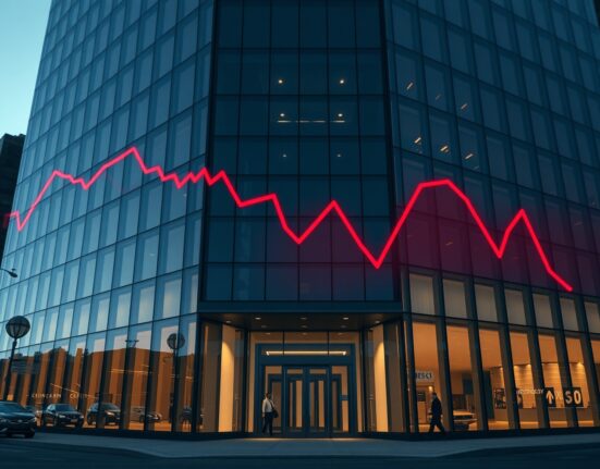 Modern corporate building facade reflecting a downward stock chart at dusk, symbolizing financial instability.