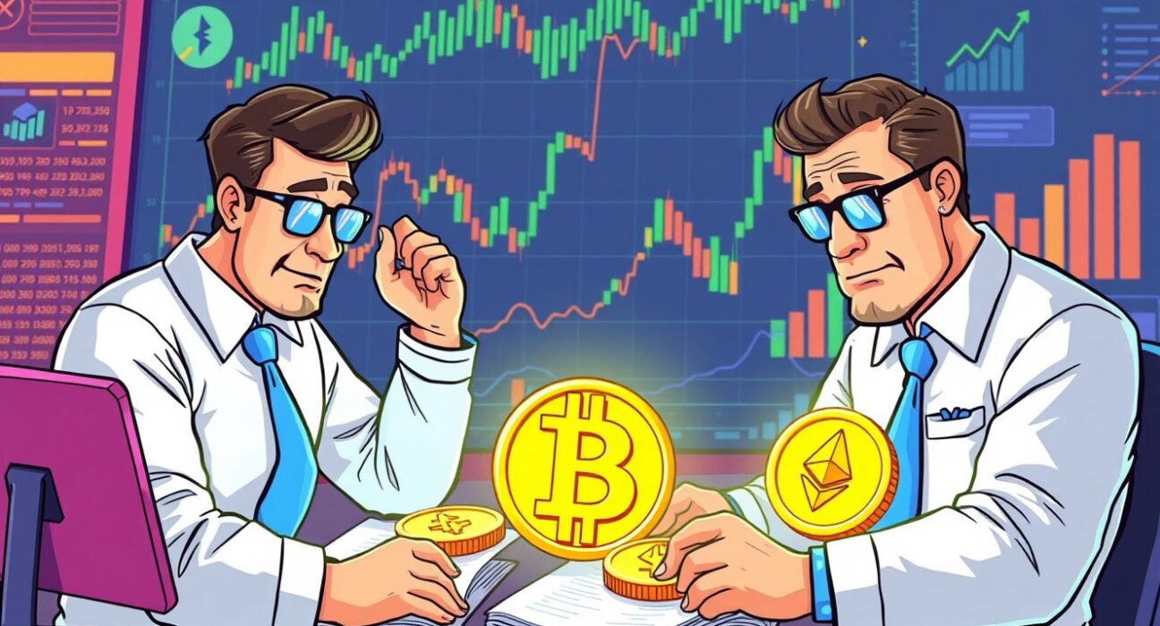 Cartoon illustration showing crypto transfer accounting process with digital assets moving between financial ledgers