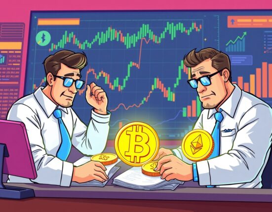 Cartoon illustration showing crypto transfer accounting process with digital assets moving between financial ledgers