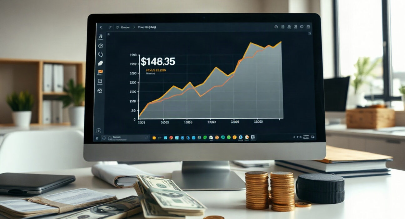Financial analyst desk with stablecoin chart and US dollars, representing FASB accounting decision