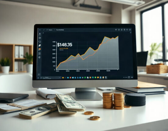 Financial analyst desk with stablecoin chart and US dollars, representing FASB accounting decision
