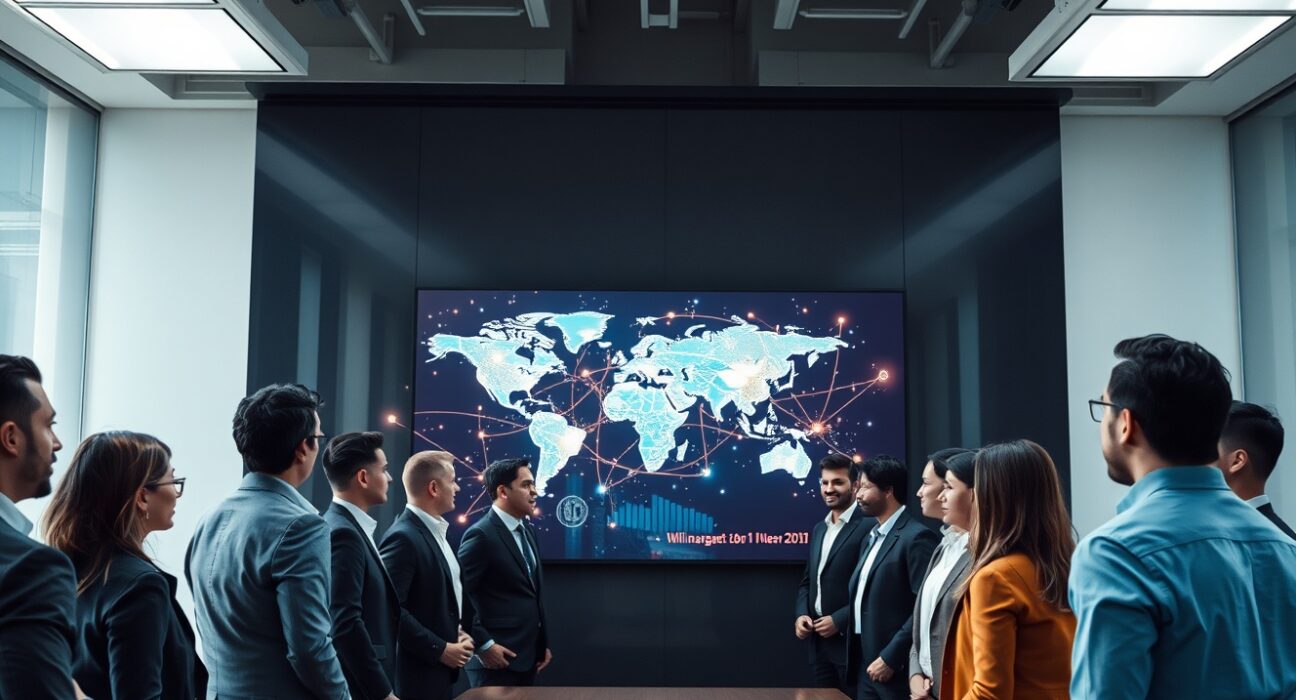 Team of professionals reviewing global stablecoin transaction data on a large digital screen in a modern fintech office.