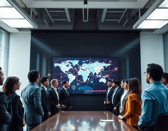 Team of professionals reviewing global stablecoin transaction data on a large digital screen in a modern fintech office.