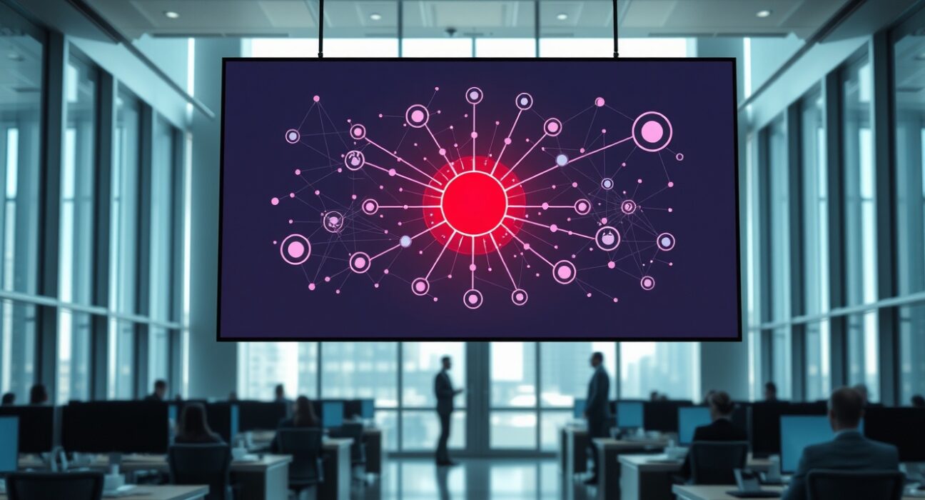Interior of a financial regulatory office with a digital screen showing a DeFi network diagram highlighting a central node.